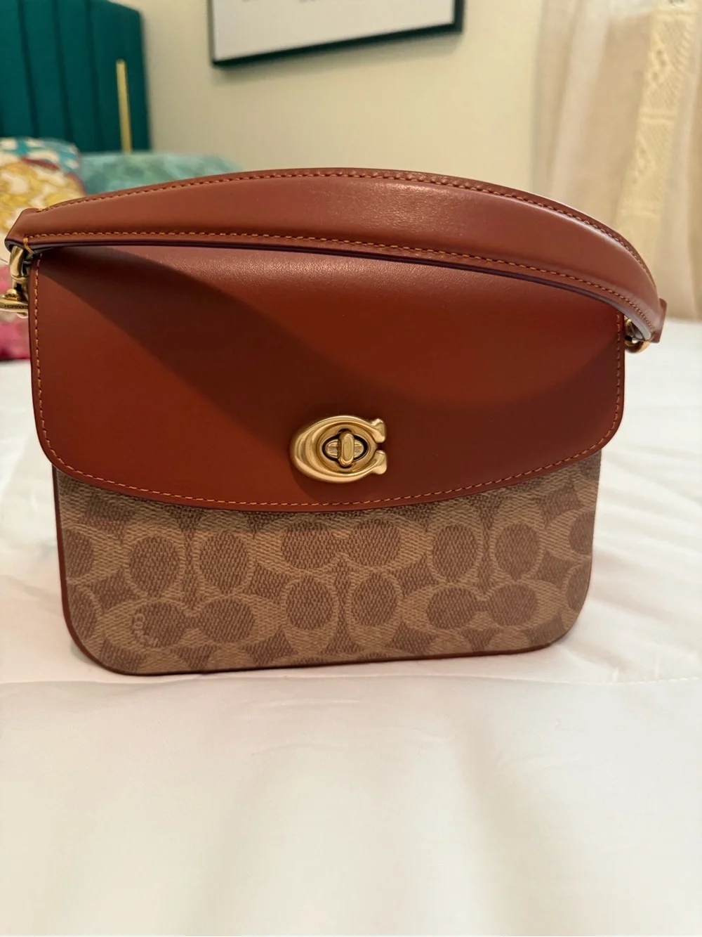 Coach Brown Leather & Signature Canvas Turnlock Shoulder Bag with Wallet